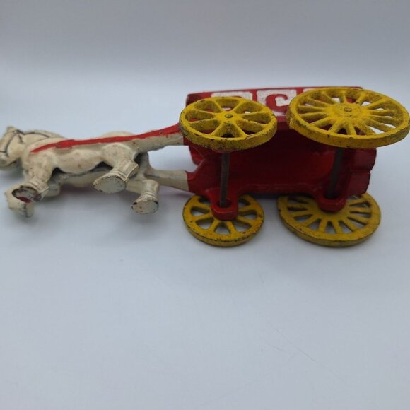 Cast Iron Ice Trailor Horse Vintage White Red Moving Wheels Metal Axle Wagon - Picture 6 of 9